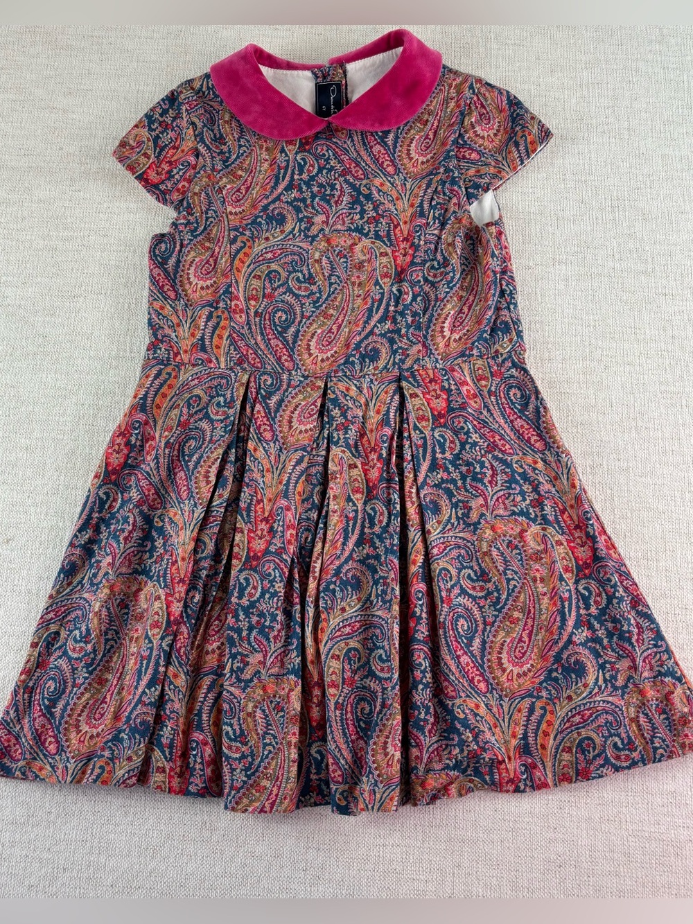 Oscar de la Renta Girls 6Y Paisley Fit-Flare Dress Pink Velvet Collar cap sleeve